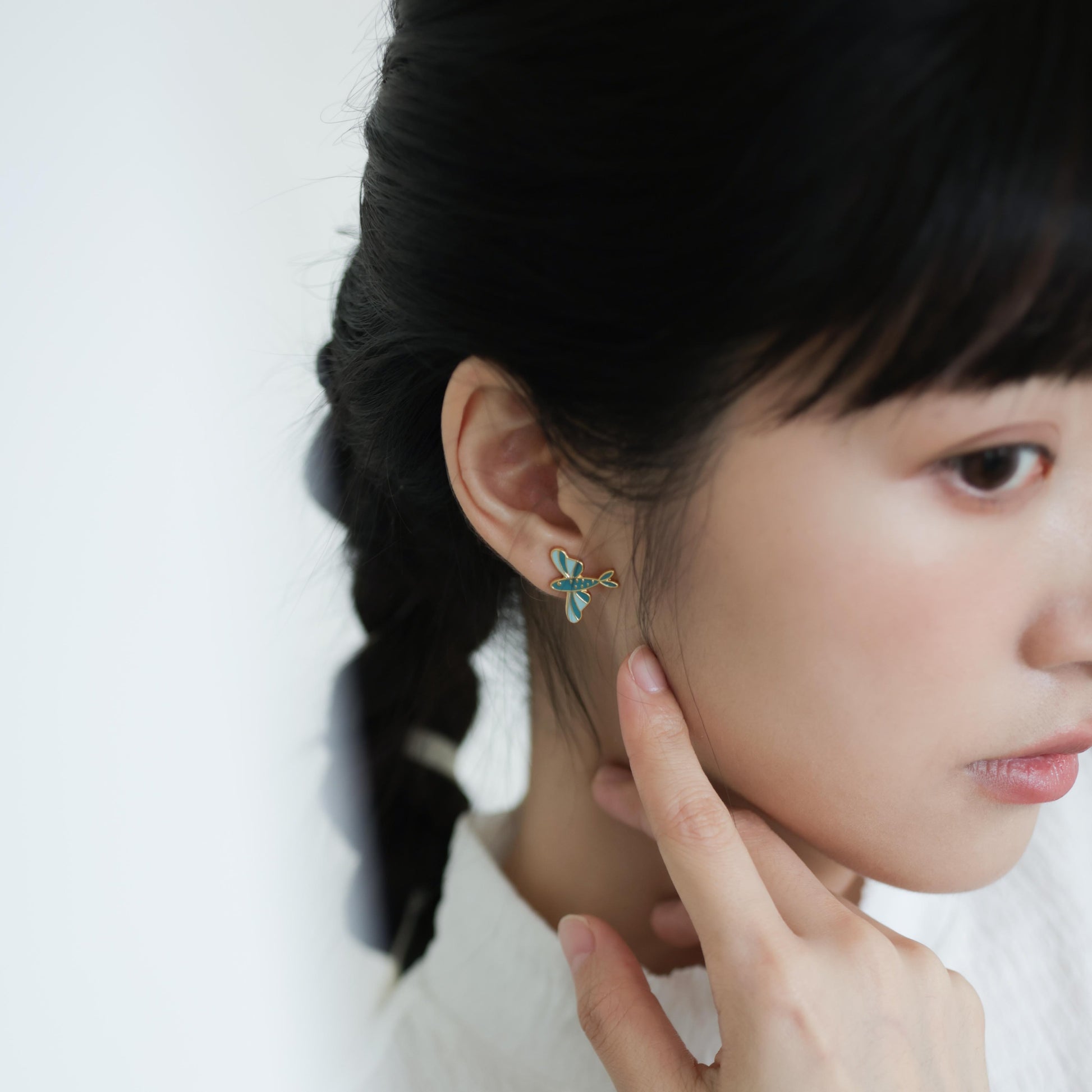 Green Flying Fish Enamel Studs on Model | Miss Modi
