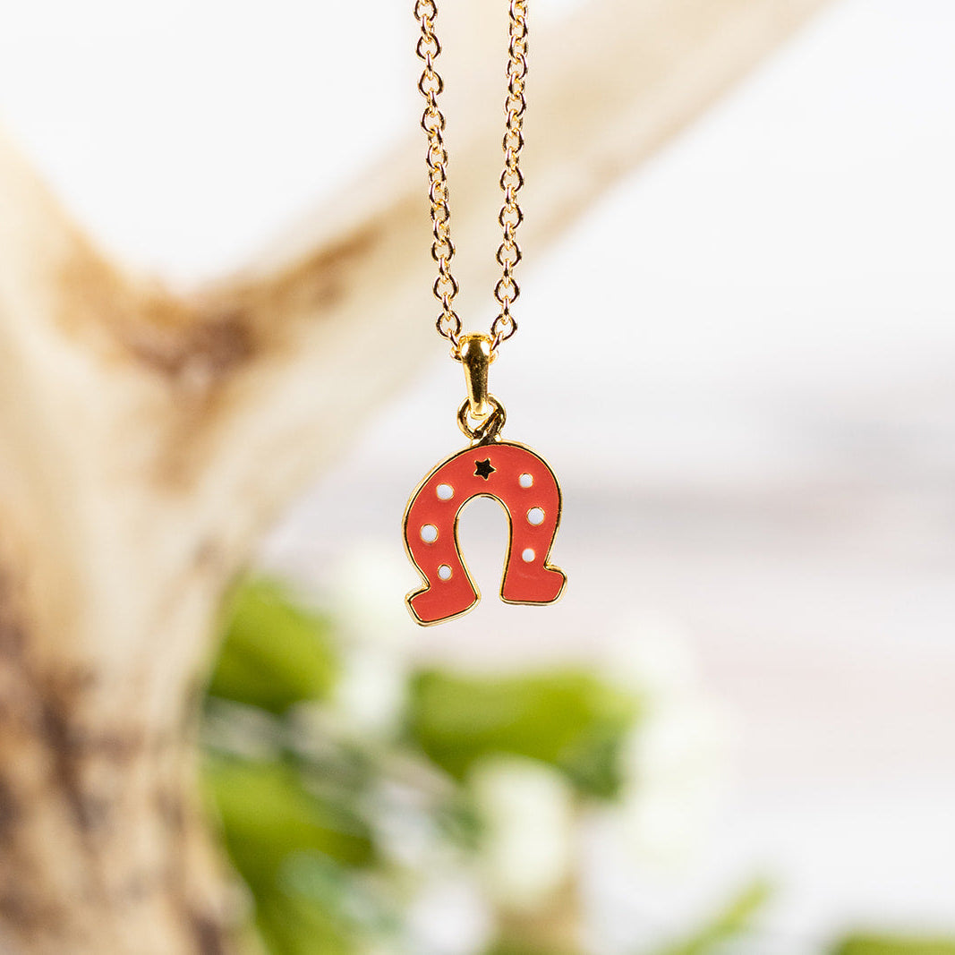 Necklace with a red horseshoe pendant on a blurred natural background