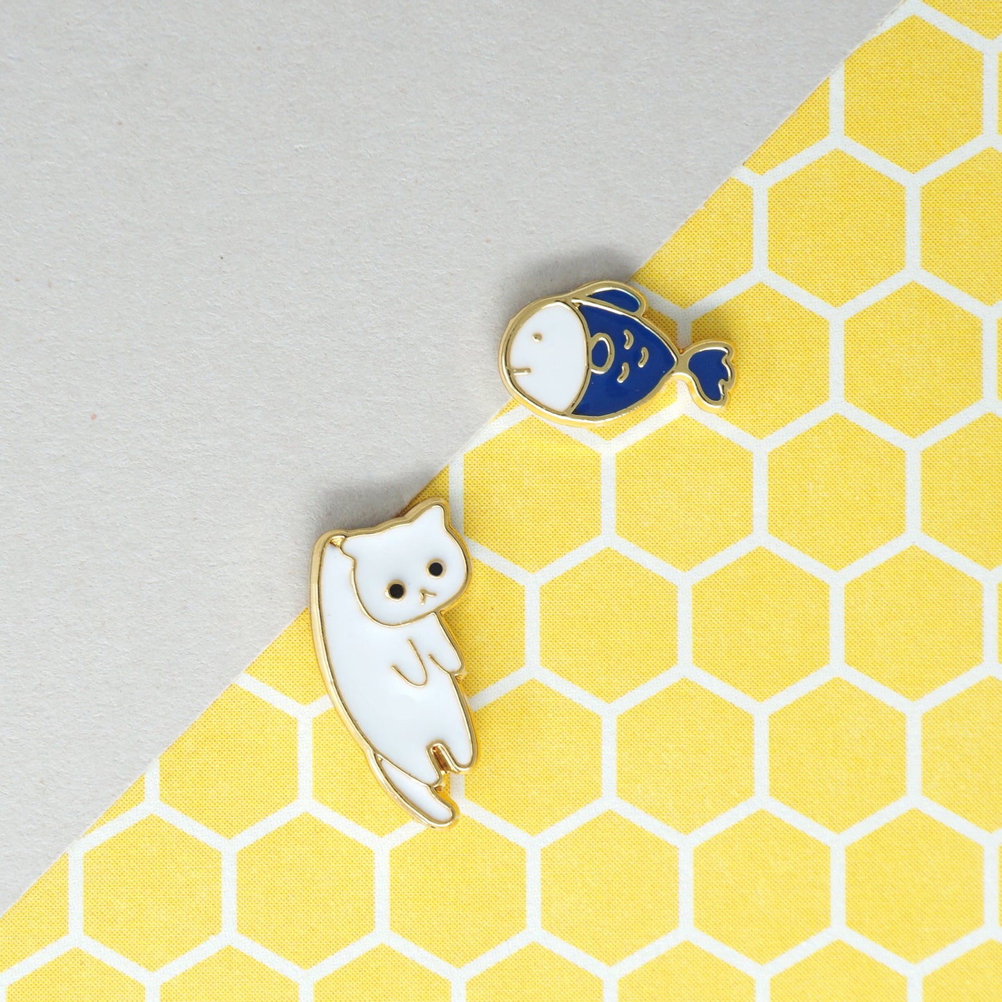 Li'l Fish n White Hanging Cat Enamel Stud Earrings