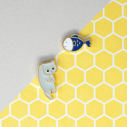 Handcrafted Blue Fish n Gray Lazy Cat Enamel Stud Earrings