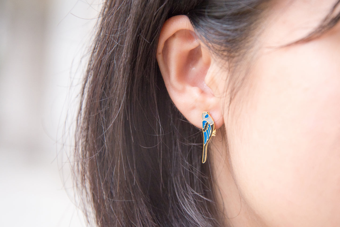 Long-tailed Parrot Rose Enamel Stud Earrings