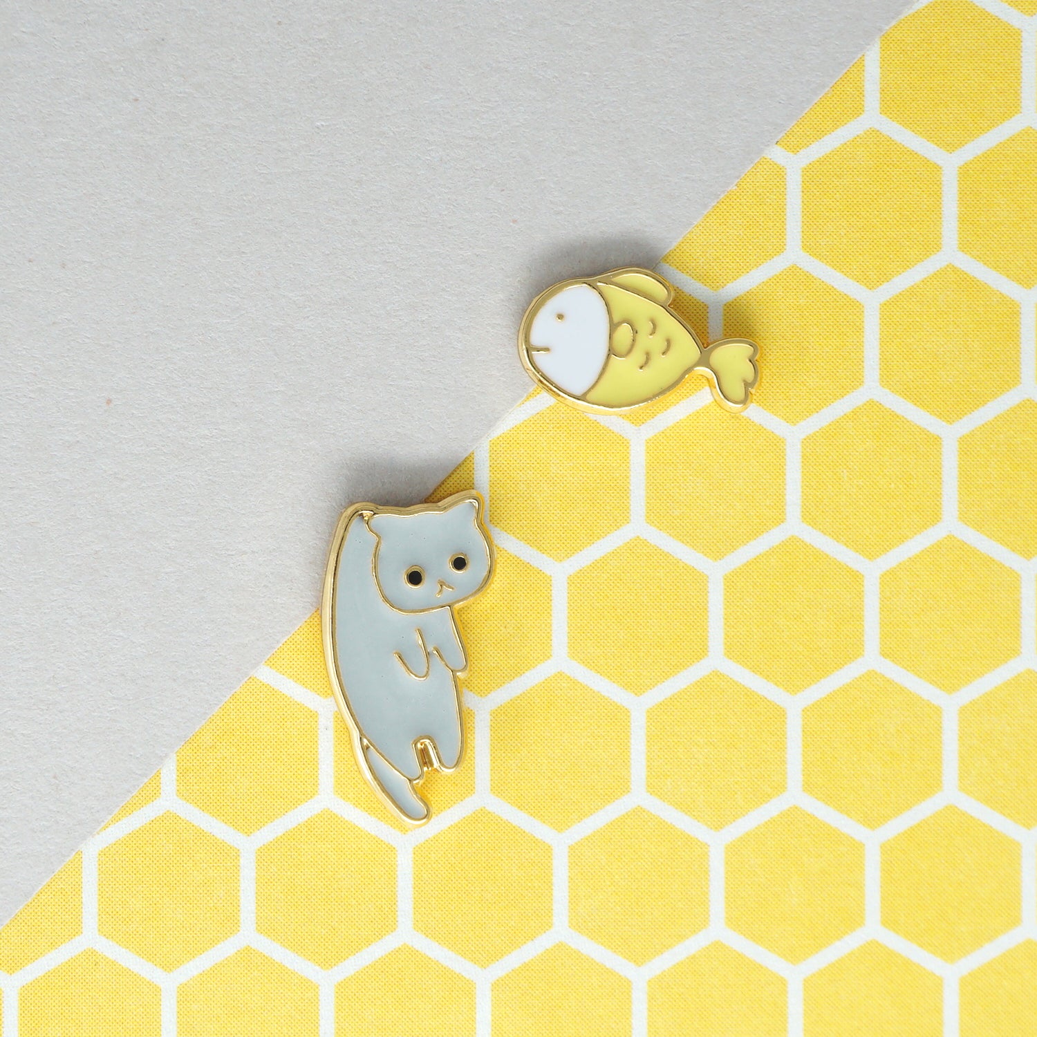 Handcrafted Yellow Fish n Gray Lazy Cat Enamel Stud Earrings
