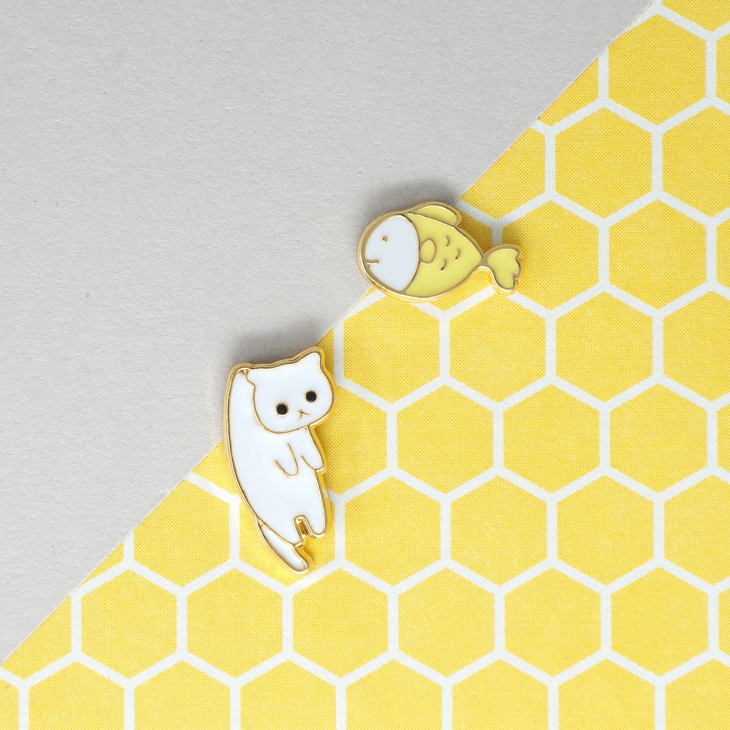 Li'l Fish n White Hanging Cat Enamel Stud Earrings