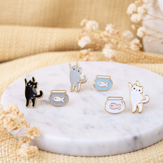 Cat Chaos- Sneaky Bean + Fishy Wishes Mismatched Enamel Earrings