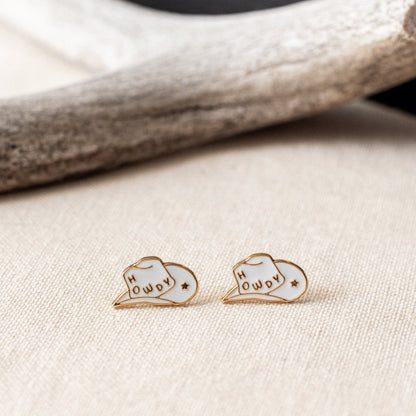 White Howdy Cowgirl Hat Enamel Earrings | Miss Modi