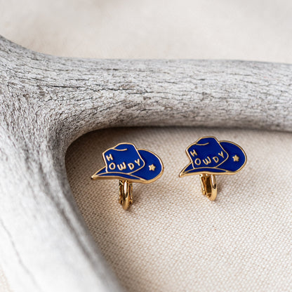 Blue Howdy Cowgirl Hat Enamel Screw-back Clip Earrings | Miss Modi