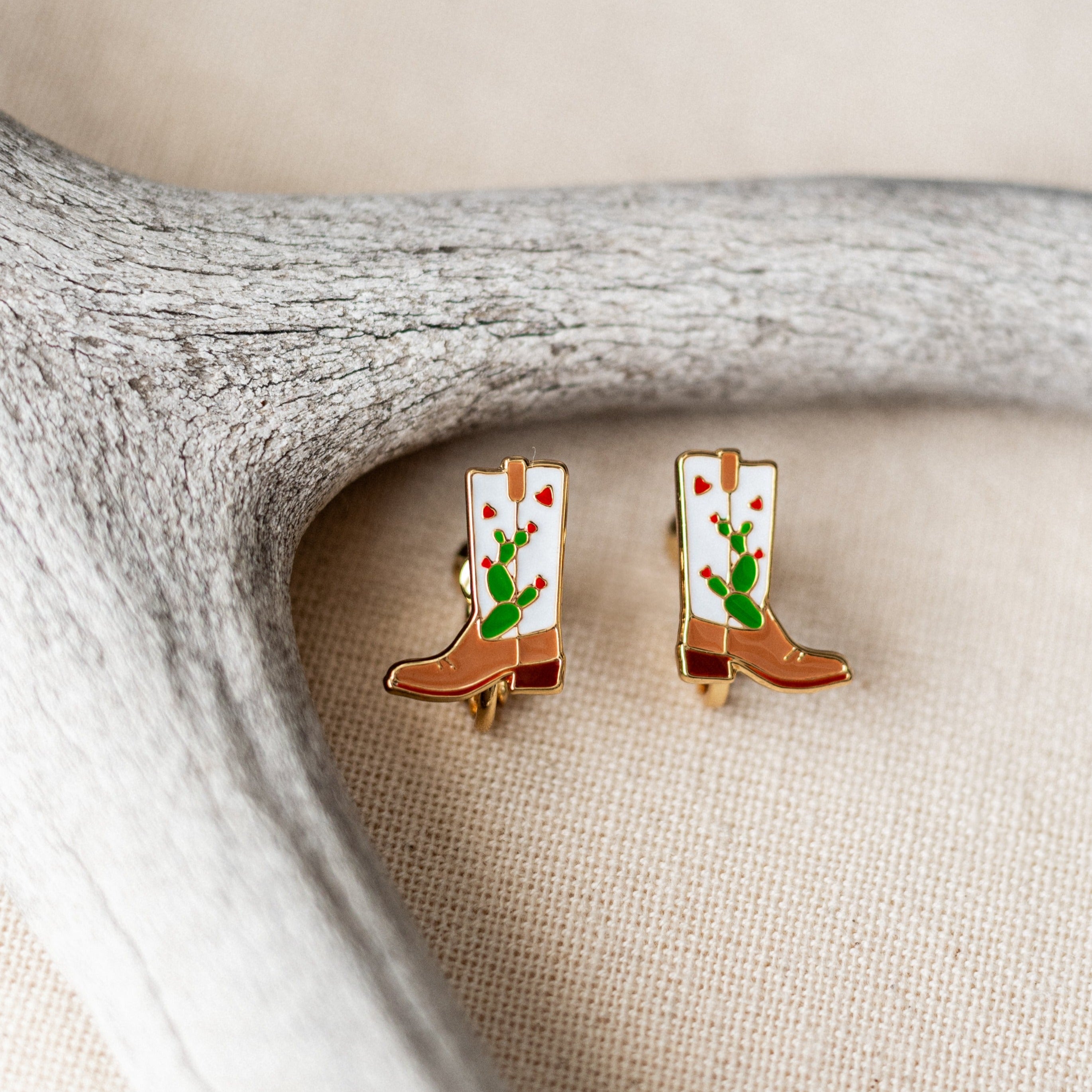 Cowgirl Cactus Boots Enamel Screw-back Clip Earrings | Miss Modi