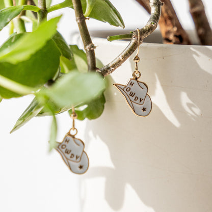 White Howdy Cowgirl Hat Enamel Drop Earrings | Miss Modi