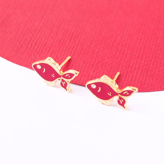 Gold Fish Enamel Stud Earrings