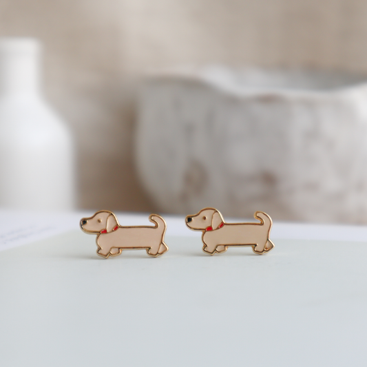 Tan Doxie (Dachshund) Enamel Stud Earrings