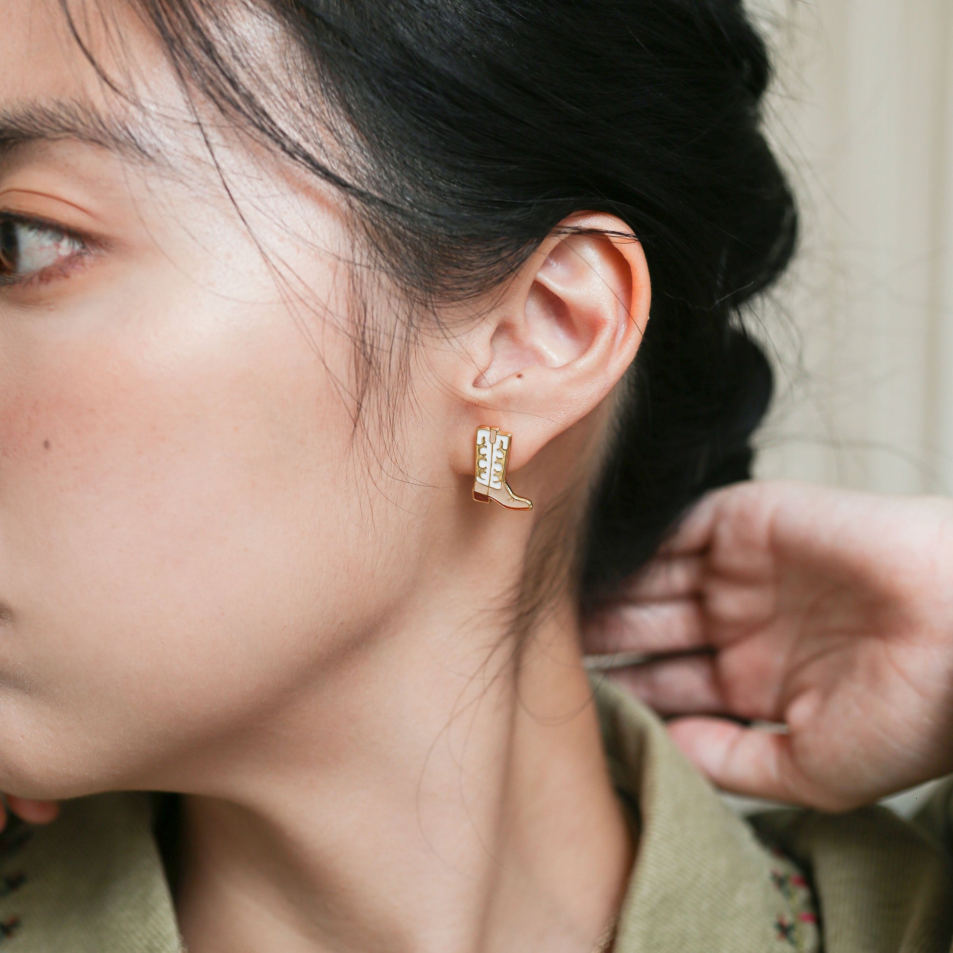 Khaki Cowgirl Boots Enamel Stud Earrings | Miss Modi