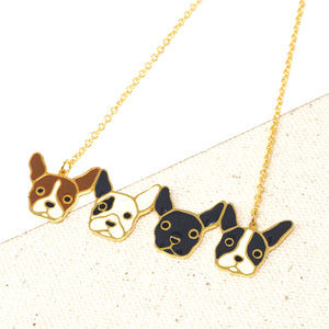 Handcrafted Four French Bulldogs Friendship Enamel Statement Necklace