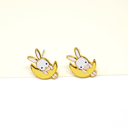 Bunny On The Moon Enamel Stud Earrings