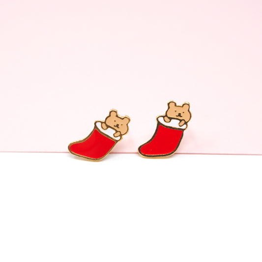 Teddy Bear Stocking Enamel Stud Earrings