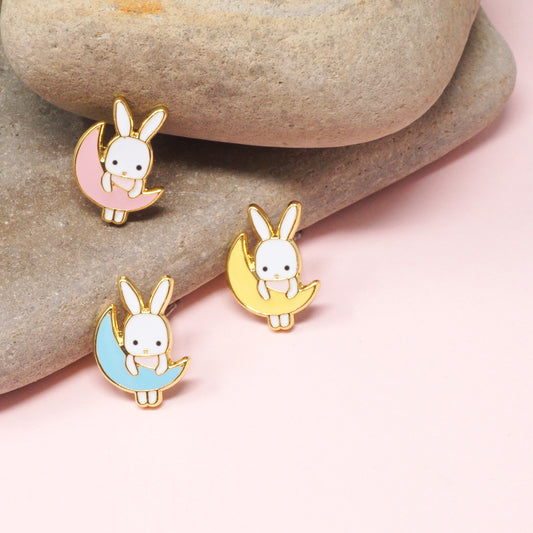 Bunny On The Moon Enamel Stud Earrings