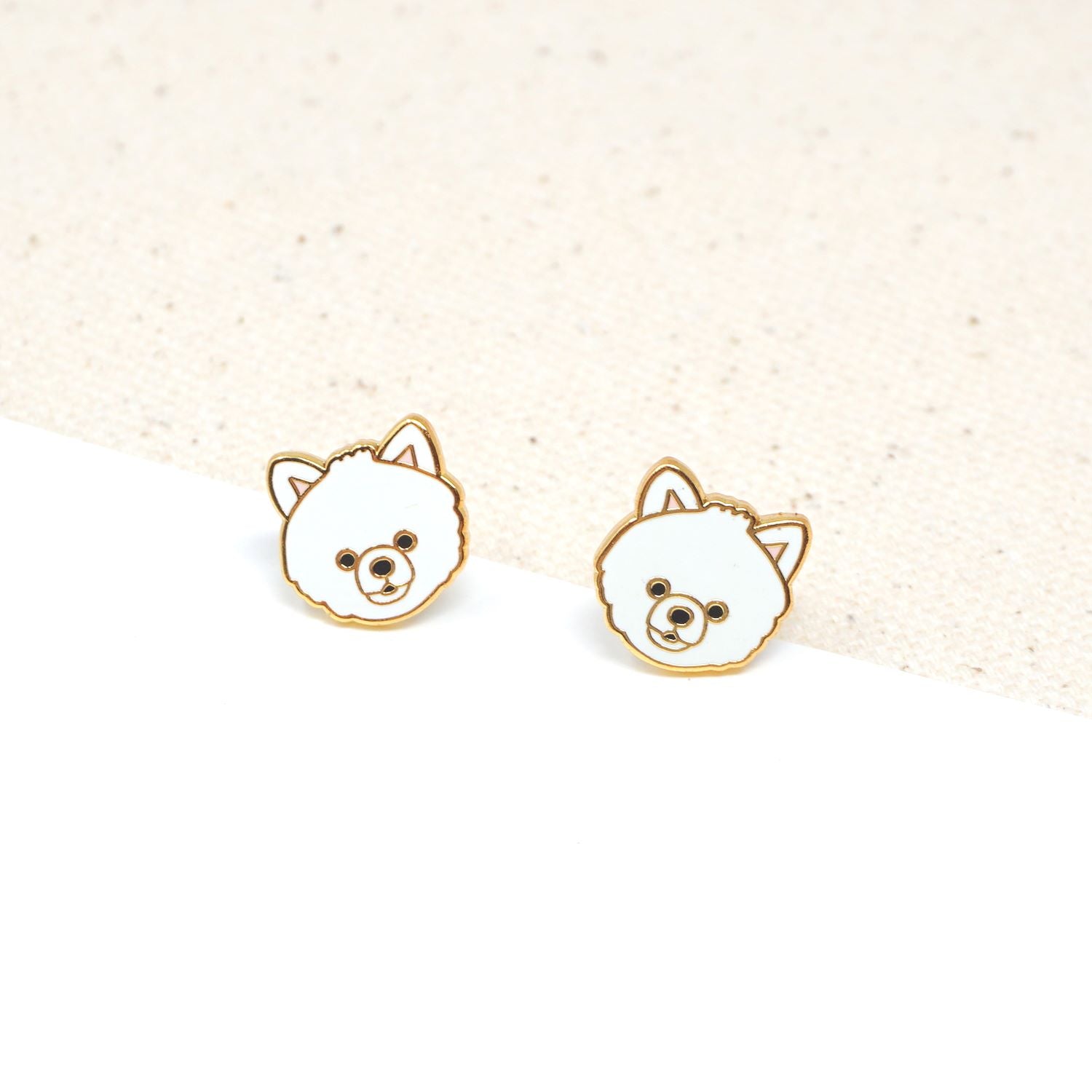 Handcrafted White Pomeranian Enamel Stud Earrings