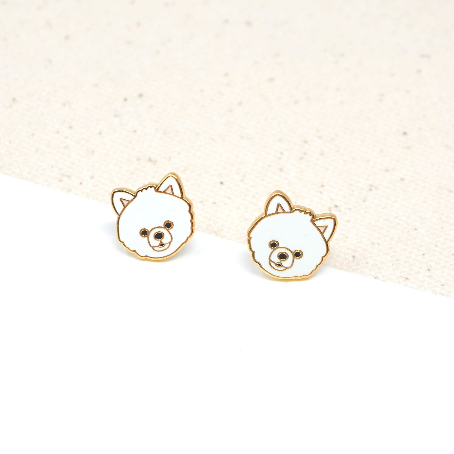 Handcrafted White Pomeranian Enamel Stud Earrings