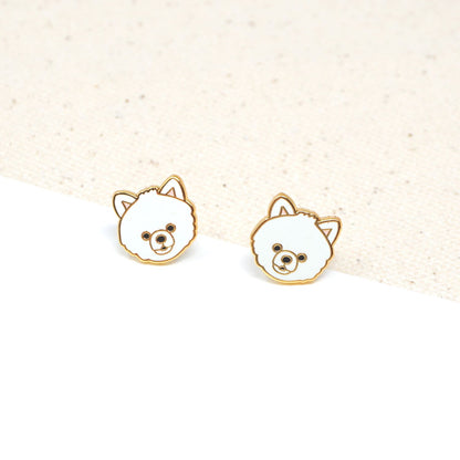 Handcrafted White Pomeranian Enamel Stud Earrings