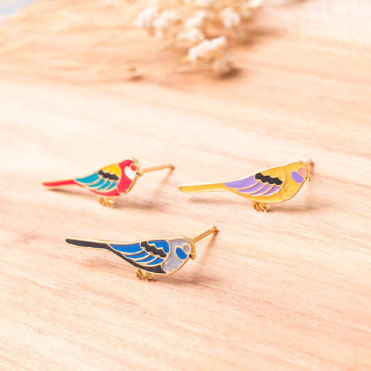 Long-tailed Parrot Rose Enamel Stud Earrings