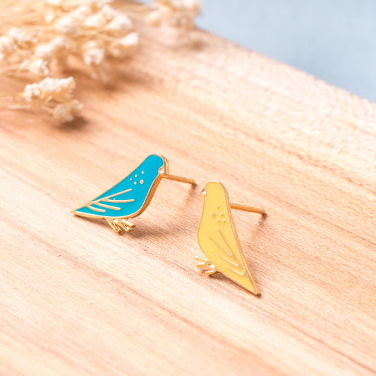 Lineolated Parakeet Enamel Stud Earrings