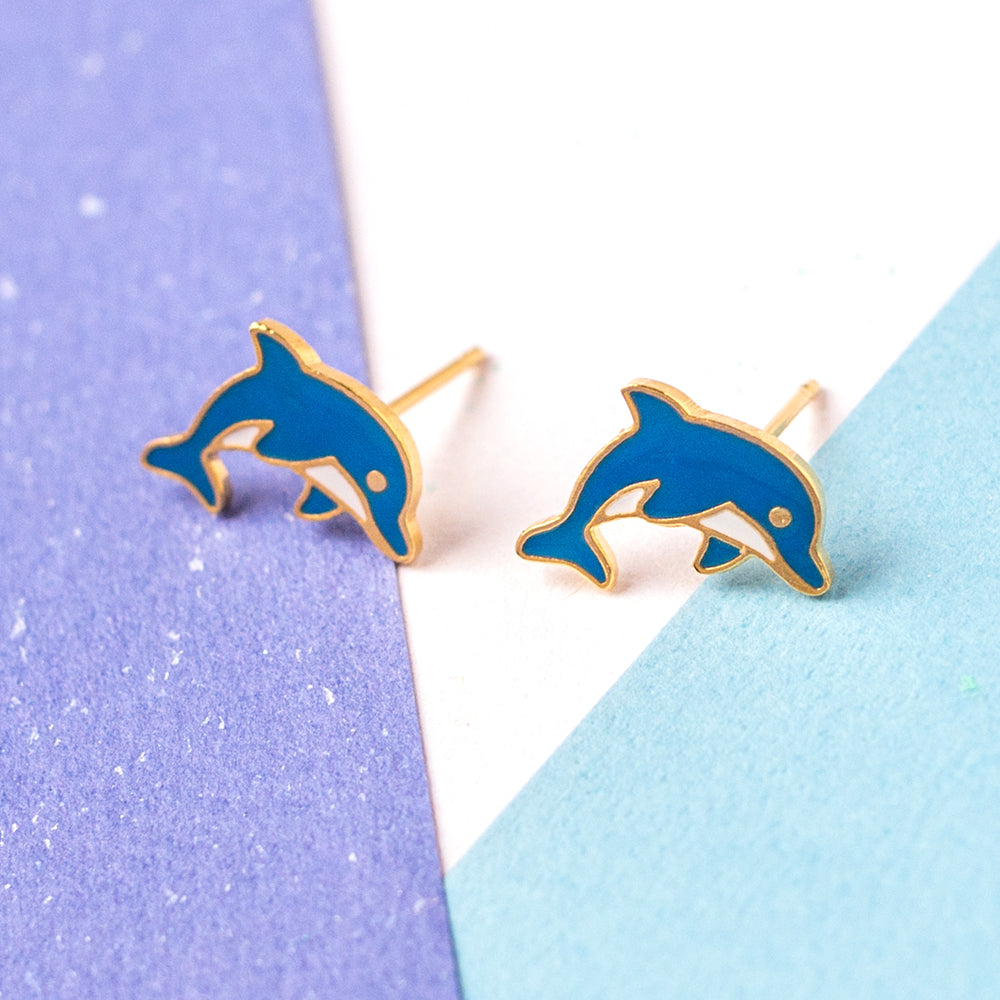 Handcrafted Blue Dolphin Enamel Stud Earrings