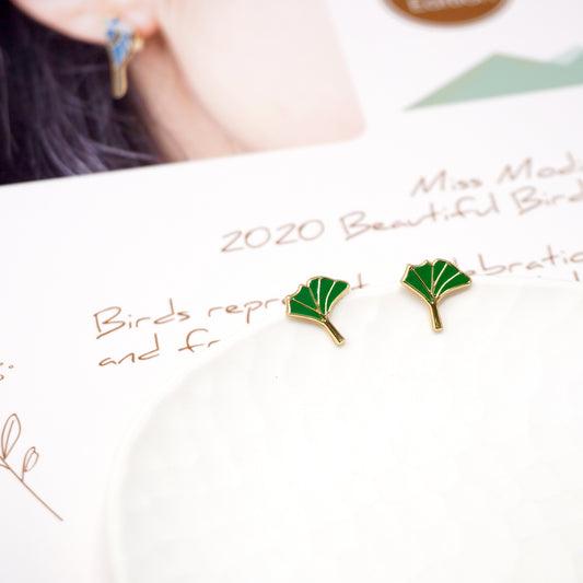 Ginkgo Leaf Enamel Stud Earrings