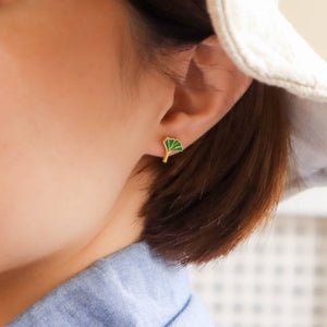 Ginkgo Leaf Enamel Stud Earrings