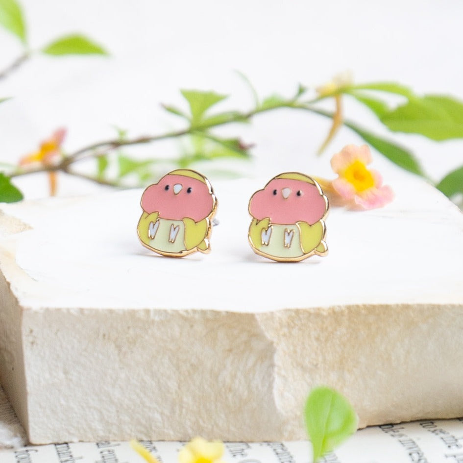 New Pink/ Yellow Lovebirds Enamel Stud Earrings | Miss Modi