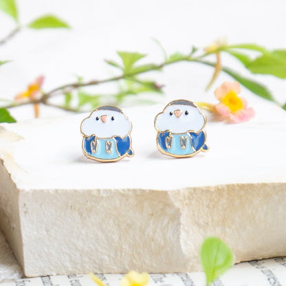 New White/ Blue Lovebirds Enamel Stud Earrings | Miss Modi