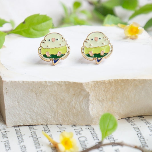 Green Budgerigar Enamel Stud Earrings | Miss Modi