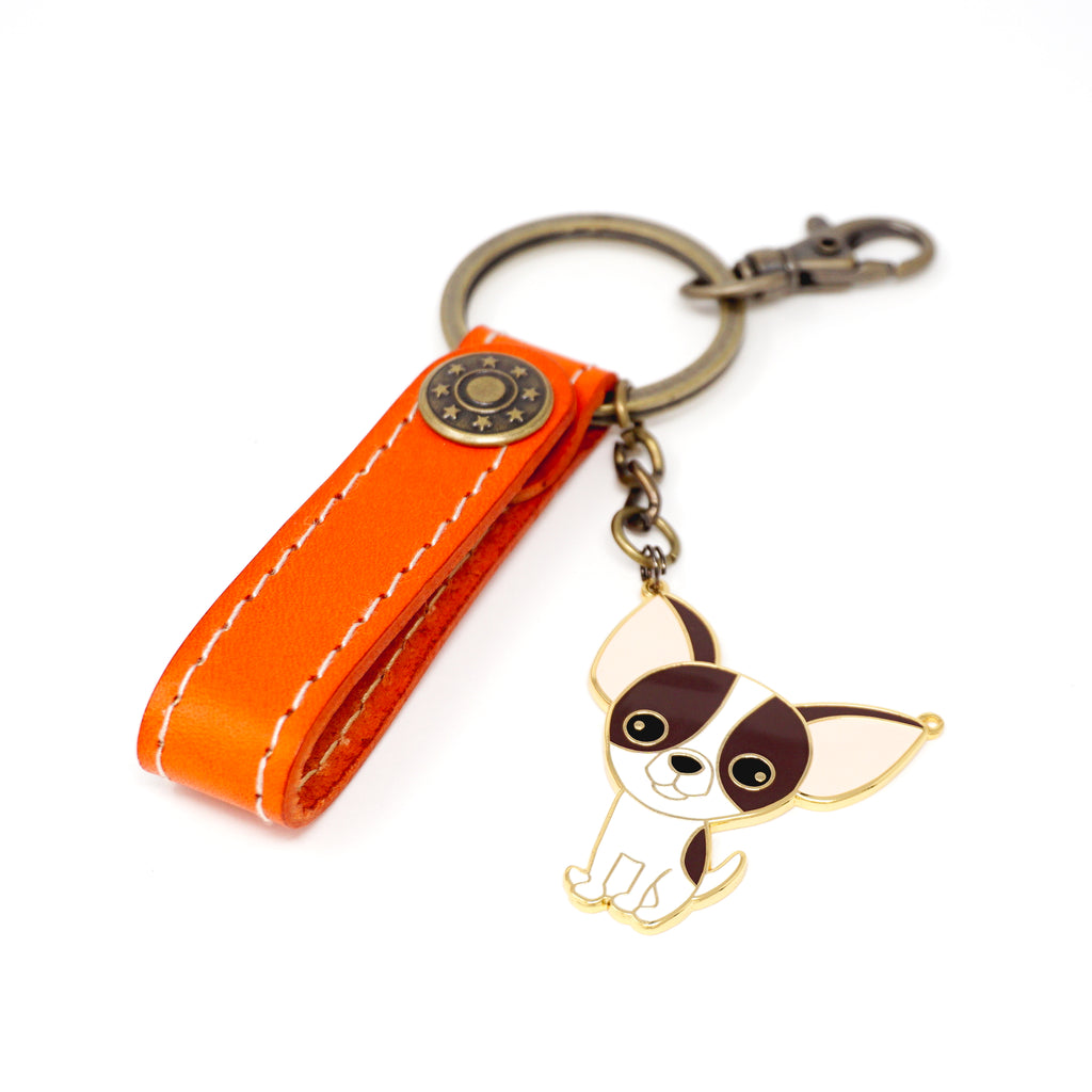 Brown Chihuahua Enamel Key Ring with Vegan Leather