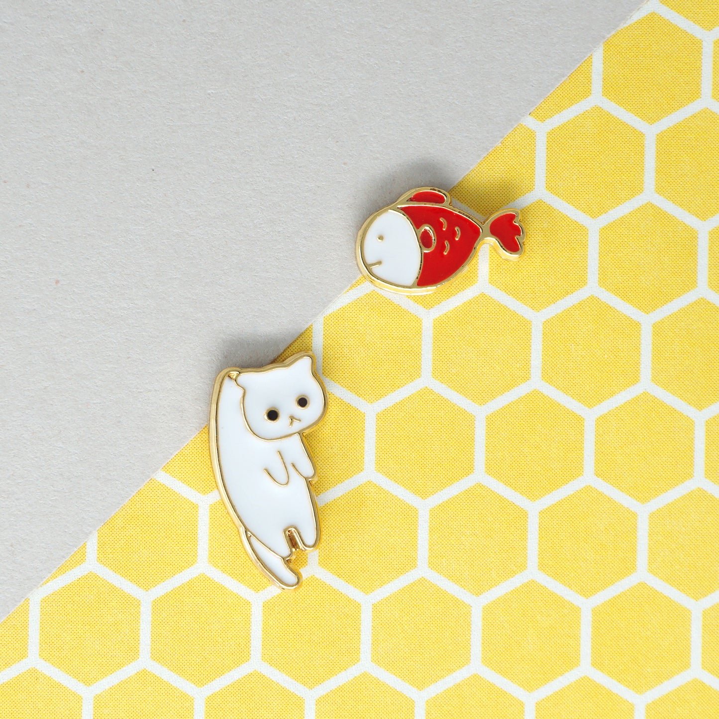 Handcrafted Red Fish n White Lazy Cat Enamel Stud Earrings