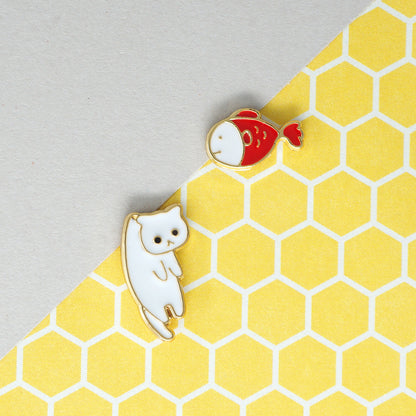 Handcrafted Red Fish n White Lazy Cat Enamel Stud Earrings
